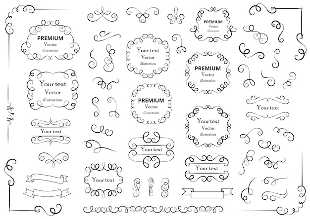 Elementos de diseño caligráfico Remolinos decorativos o rollos de marcos antiguos florecen etiquetas