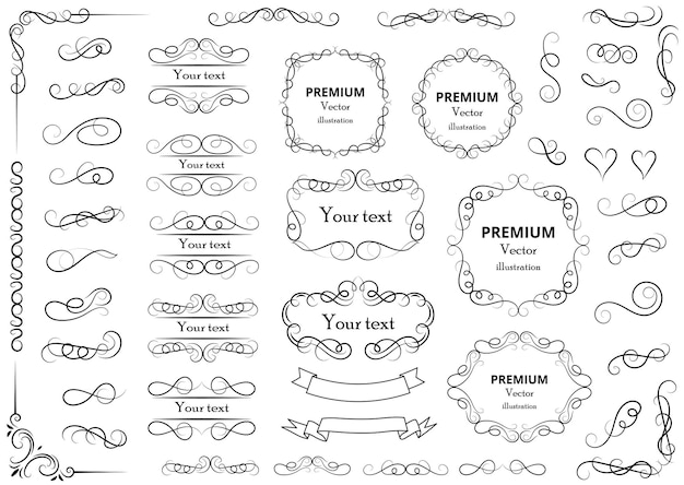 Elementos de diseño caligráfico Remolinos decorativos o rollos de marcos antiguos florecen etiquetas