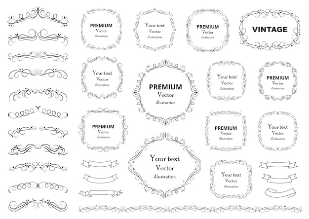 Elementos de diseño caligráfico Remolinos decorativos o rollos de marcos antiguos florecen etiquetas