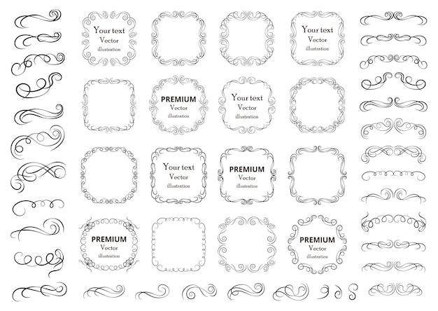 Elementos de diseño caligráfico. Remolinos o pergaminos decorativos, marcos antiguos, florituras, etiquetas