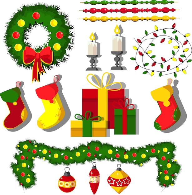 Vector elementos de diseño de colección navideña para el año nuevo con globos, regalos y decoraciones.