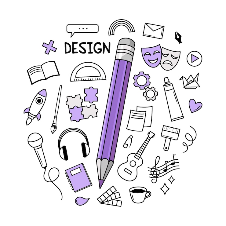 Vector elementos de diseño creativos con un icono de lápiz púrpura en el centro ilustración vectorial