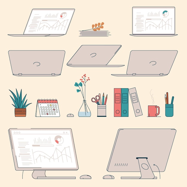 Elementos de diseño de escritorio de oficina y lugar de trabajo