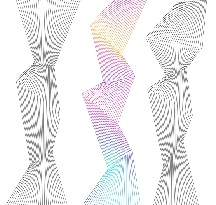 Vector elementos de diseño esquinas afiladas curvas ondean muchas líneas rayas rotas verticales abstractas sobre fondo blanco aislado arte de línea creativa ilustración vectorial eps 10 línea de color creada con la herramienta mezclar