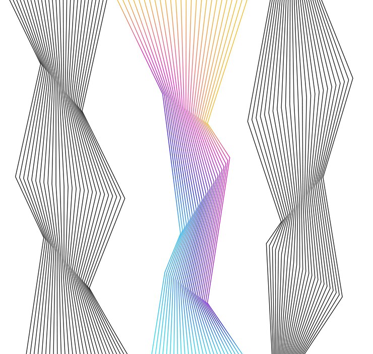Vector elementos de diseño esquinas afiladas curvas ondean muchas líneas rayas rotas verticales abstractas sobre fondo blanco aislado arte de línea creativa ilustración vectorial eps 10 línea de color creada con la herramienta mezclar