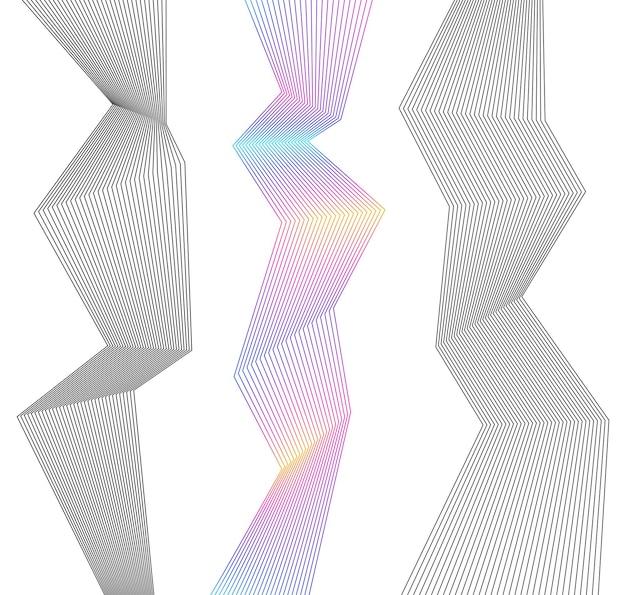 Elementos de diseño Esquinas afiladas curvas ondean muchas líneas Rayas rotas verticales abstractas sobre fondo blanco aislado Arte de línea creativa Ilustración vectorial EPS 10 Línea de color creada con la herramienta Mezclar