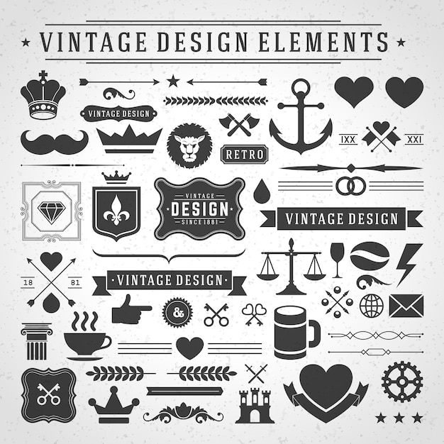 Vector elementos de diseño de etiquetas e insignias vintage con símbolos tipográficos