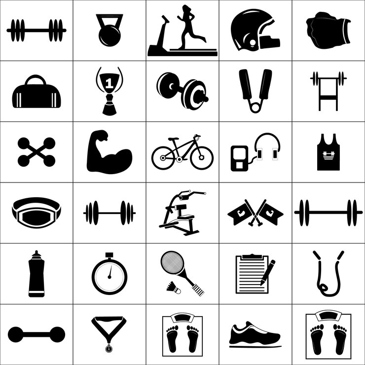 Elementos de diseño de fitness Equipo para ejercicio de gimnasio fuerte y delgado o conjunto de vectores de entrenamiento de yoga