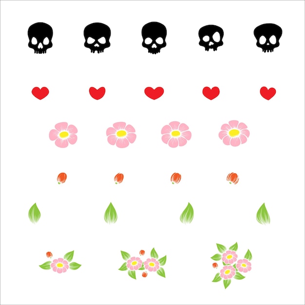 Elementos de diseño floral de calaveras y corazones
