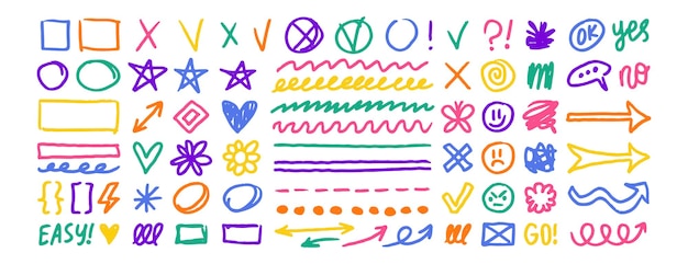 Elementos de diseño de garabateo de colores carbón dibujado a mano lápiz dibujado marcas y elementos dibujando delgado