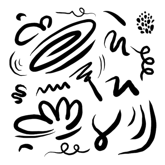 Elementos de diseño de garabatos dibujados a mano, giros de flores, líneas de rizos y otros