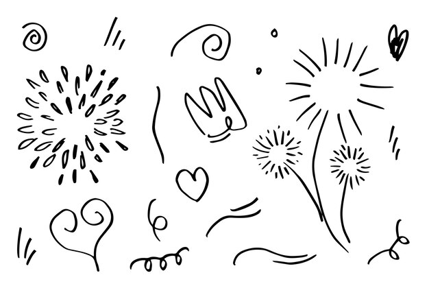 Elementos de diseño de garabatos dibujados a mano negro sobre fondo blanco énfasis de flecha corazón corona estrella rayo doodle elementos de diseño de boceto
