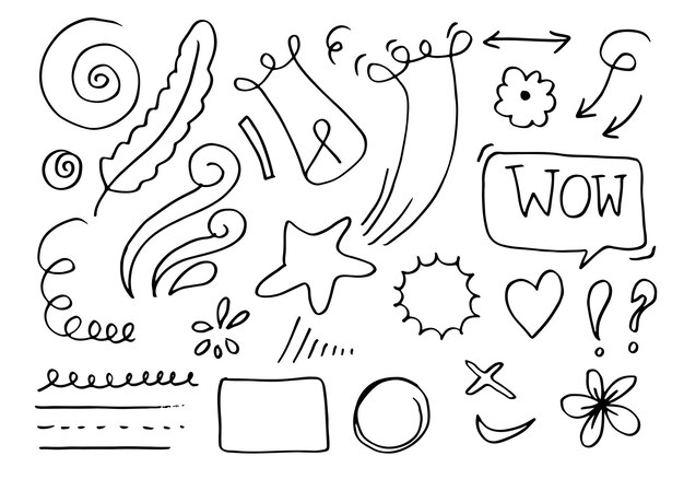 Elementos de diseño de garabatos dibujados a mano negro sobre fondo blanco énfasis en golpes de viento Línea de corona de flecha elementos de diseño de boceto de garabato