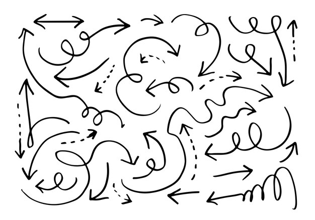 Elementos de diseño de garabatos flechas dibujadas a mano aisladas sobre fondo blanco Ilustración vectorial
