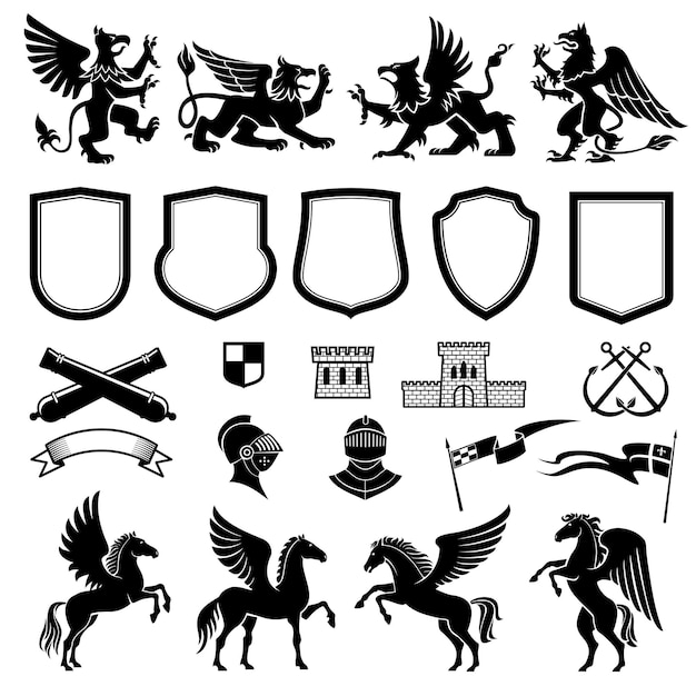 Elementos de diseño heráldico con animales y escudos.