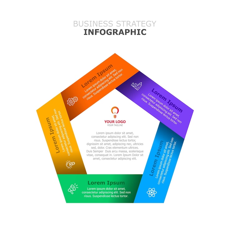 Vector elementos de diseño hexagonal multicolor infográfico de estrategia empresarial sobre fondo negro