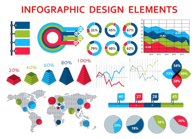 Vector elementos de diseño infográfico con mapa del mundo y punteros circulares