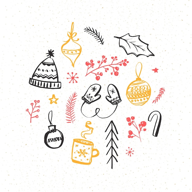 Vector elementos de diseño de invierno y navidad. ilustraciones dibujadas a mano de guantes y gorro de punto, adornos y ramas. dibujos vectoriales.
