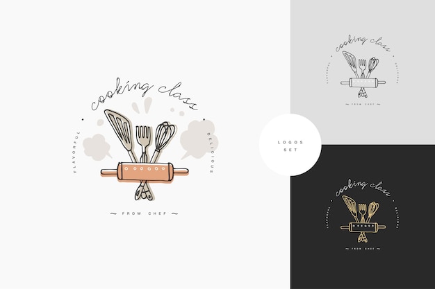 Elementos de diseño lineal de clase de cocina, conjunto de emblemas de cocina, símbolos, iconos o etiquetas de estudio de alimentos y colección de insignias. Cursos de cocina firma plantilla o logotipo, identidad, escuela culinaria.