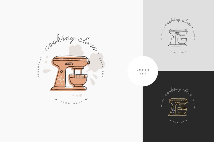 Elementos de diseño lineal de clase de cocina, conjunto de emblemas de cocina, símbolos, iconos o etiquetas de estudio de alimentos y colección de insignias. Cursos de cocina firma plantilla o logotipo, identidad, escuela culinaria.
