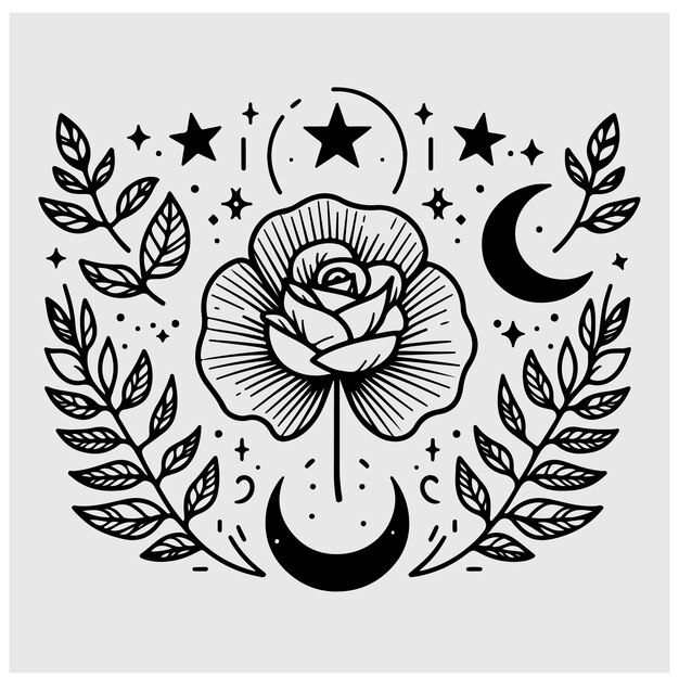 Elementos para el diseño del logotipo rosa Ginkgo Biloba hoja estrellas luna marco ilustración vectorial