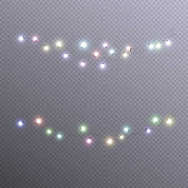 Elementos de diseño de luces navideñas Guirnaldas brillantes para tarjetas navideñas, pancartas, carteles,