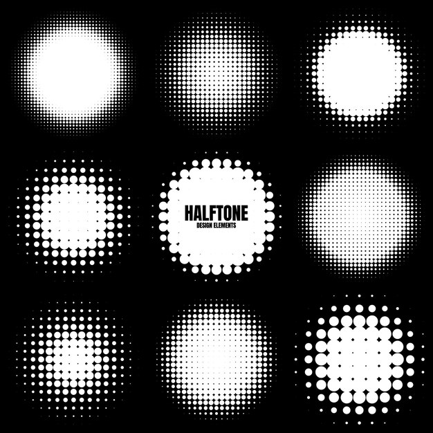Elementos de diseño de medio tono circular con puntos blancos ilustración vectorial de patrón punteado cómico