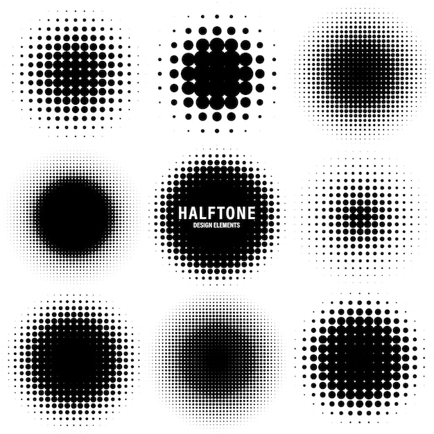 Elementos de diseño de medio tono circular con puntos negros aislados en un fondo blanco con un patrón de puntos cómicos