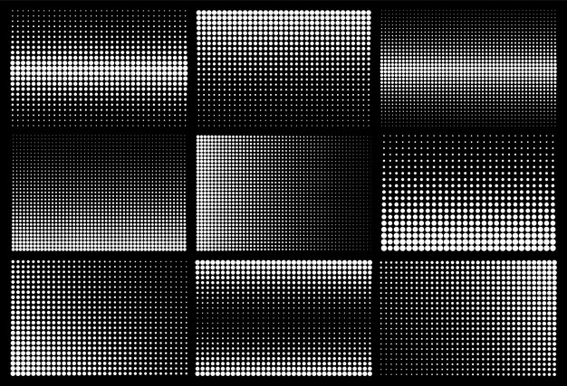 Elementos de diseño de medio tono con puntos blancos sobre fondo negro vector de patrón punteado cómico