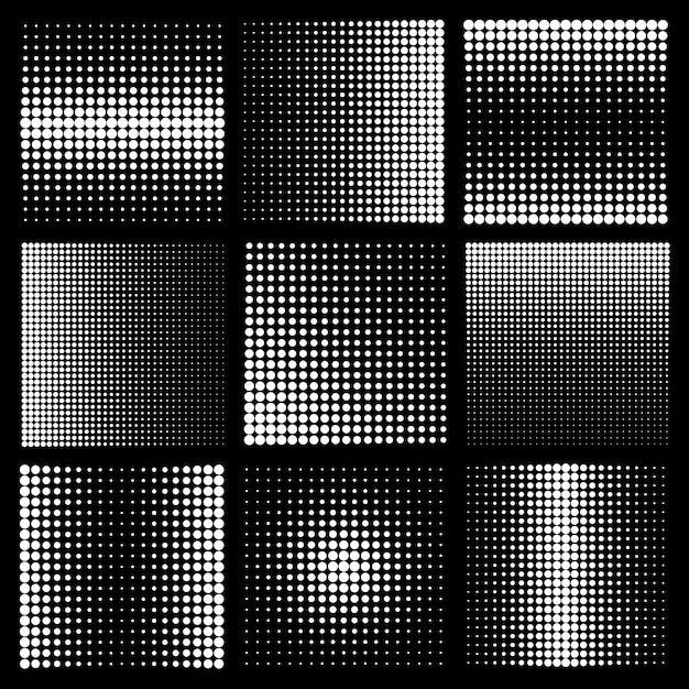 Elementos de diseño de medio tono con puntos blancos sobre fondo negro vector de patrón punteado cómico