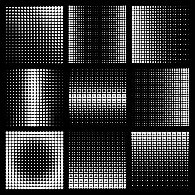 Elementos de diseño de medio tono con puntos blancos sobre fondo negro vector de patrón punteado cómico