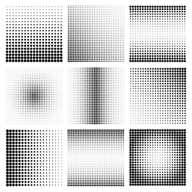 Elementos de diseño de medio tono con puntos negros aislados en el fondo blanco vector de patrón de puntos cómicos.