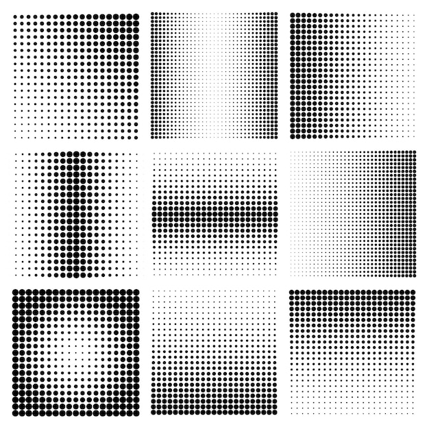 Elementos de diseño de medio tono con puntos negros aislados en el fondo blanco vector de patrón de puntos cómicos.