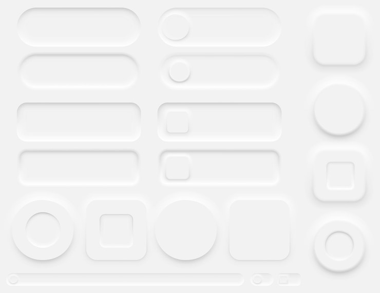 Vector elementos de diseño neumórfico conjunto de botones barras conmutadores deslizadores en simple para interfaces de sitios web de aplicaciones