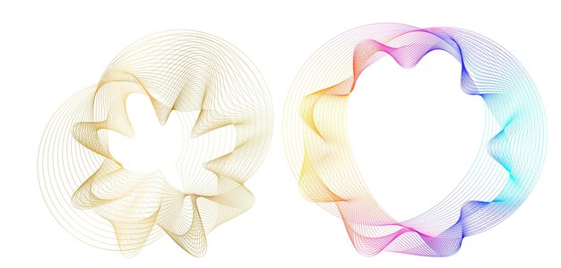 Elementos de diseño Ola de muchas líneas brillantes Rayas onduladas de brillo abstracto sobre fondo blanco aislado Arte de línea creativa Ilustración vectorial EPS 10 Olas coloridas con líneas creadas con Blend