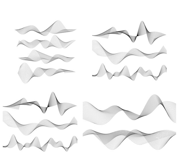 Elementos de diseño Ola de muchas líneas grises Rayas onduladas abstractas sobre fondo blanco aisladas Arte de línea creativa Ilustración vectorial EPS 10 Ondas brillantes coloridas con líneas creadas con la herramienta Mezclar