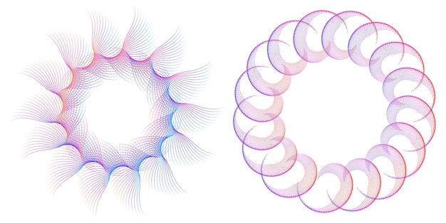 Elementos de diseño Onda de muchas líneas púrpuras anillo circular rayas onduladas verticales abstractas en blanco