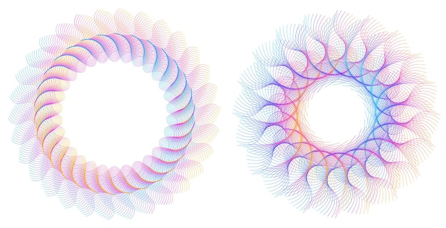 Elementos de diseño Onda de muchas líneas púrpuras anillo circular rayas onduladas verticales abstractas en blanco