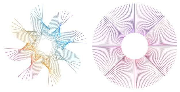 Elementos de diseño Onda de muchas líneas púrpuras anillo circular rayas onduladas verticales abstractas en blanco