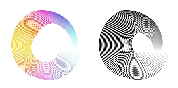 Elementos de diseño Onda de muchas líneas púrpuras anillo circular Rayas onduladas verticales abstractas sobre fondo blanco aislado Ilustración vectorial EPS 10 Ondas coloridas con líneas creadas con la herramienta Mezclar