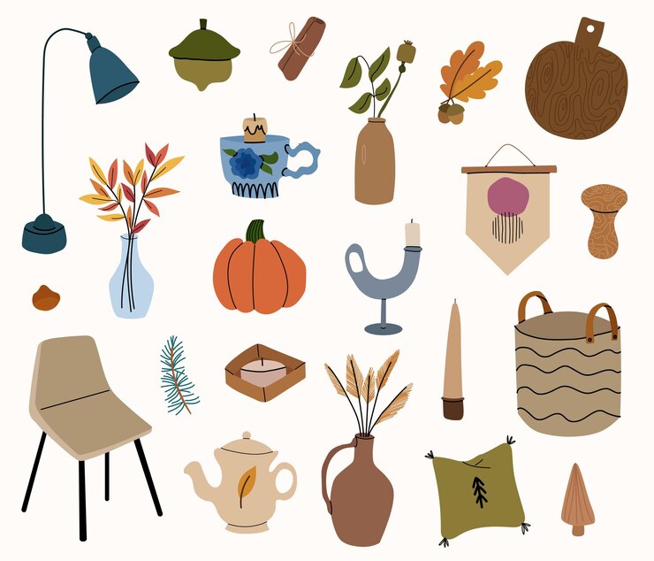 Vector elementos de diseño de otoño escandinavo. muebles, velas, decoración para el hogar.ilustración de dibujos animados dibujados a mano de vector.