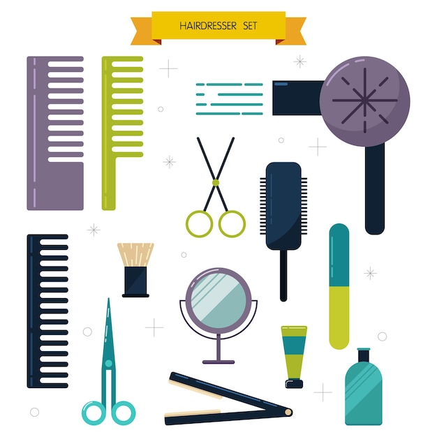 Vector elementos de diseño plano de peluquería. coloroso conjunto con accesorios y equipos de corte de pelo de belleza. salón de peinados instrumento aislado. tijeras, pinceles y dispositivos, ilustración vectorial
