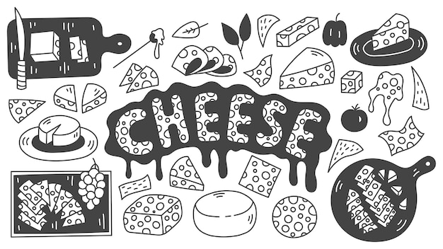 Elementos de diseño de queso Conjunto Tabla de colección de dibujos de alimentos Iconos de contorno de platos de piezas de rebanadas