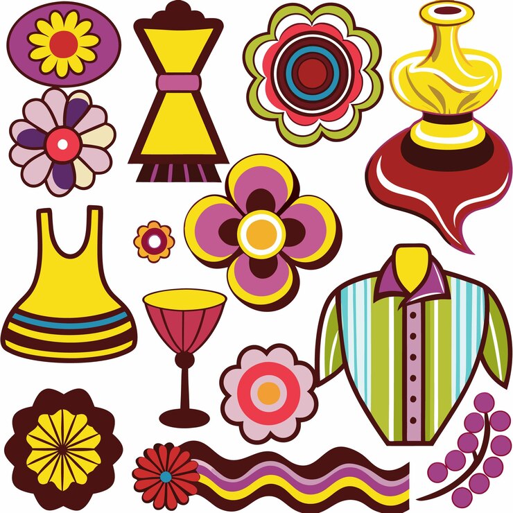 Vector elementos de diseño retro coloridos que incluyen flores, ropa y un jarrón