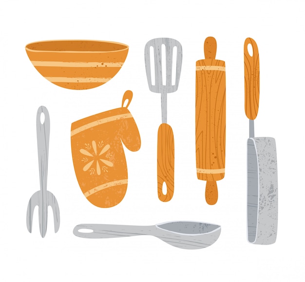 Elementos de diseño de utensilios de cocina o utensilios de cocina: cuchara, tazón, pasador de horquilla, bandeja aislada en blanco