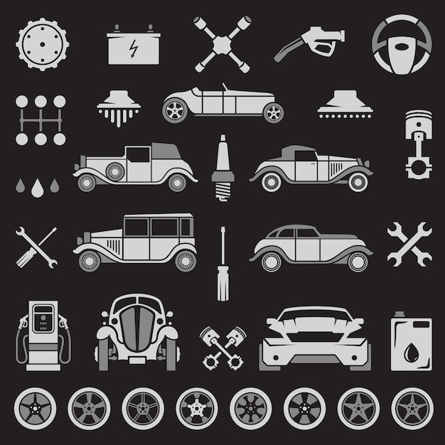 Vector elementos de diseño de vectores de servicio de autos siluetas de autos deportivos y retro aislados en fondo blanco objetos vectoriales para etiquetas insignias diseño de logotipos lavado de autos reparaciones iconos ruedas y neumáticos símbolos