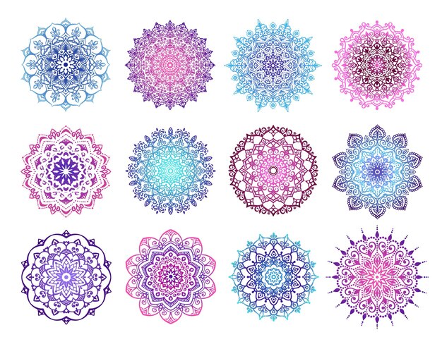 Elementos de diseño vectorial de mandala Decoración de adornos redondos Patrones azules coloridos Motivo floral Flor estilizada Símbolo de Chakra para la meditación Logotipo de yoga Complejo tejido florecido Medallón impresión de tatuaje
