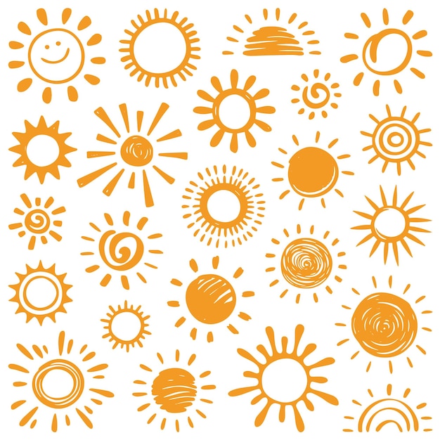 Elementos de diseño vectorial del sol Íconos dibujados a mano en un fondo blanco