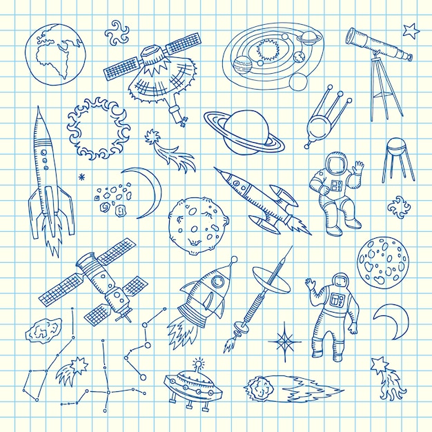 Elementos del doodle del espacio. Vector dibujado a mano elementos del transbordador espacial