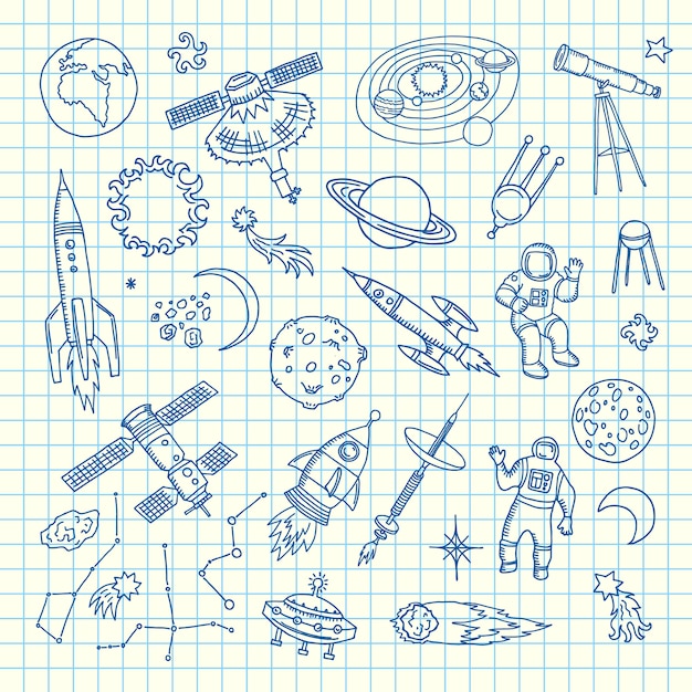 Elementos del doodle del espacio. vector dibujado a mano elementos del transbordador espacial